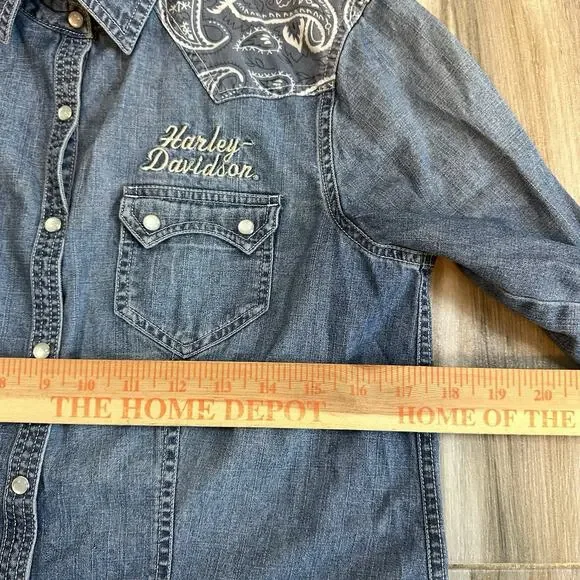 Harley Davidson Shirt Adult M Blue Denim Pearl Snap Rodeo Western Biker Womens - Picture 5 of 7